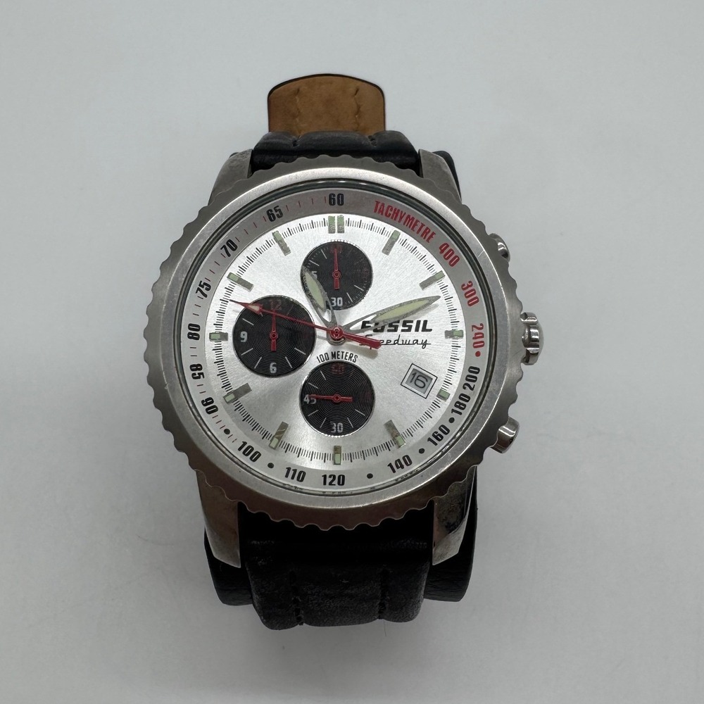 Fossil Blue Speedway Chronograph Mens Watch Silver Dial Black Leather CH-2375